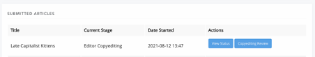 "The block showing submitted articles and their status in the workflow"