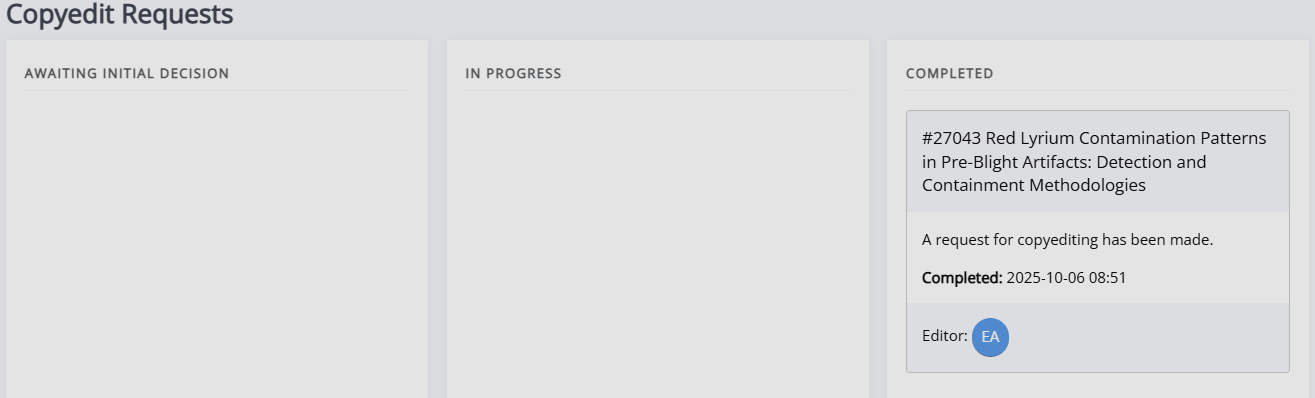 The three columns on the Copyedit Requests page, Awaiting initial decision, In progress and Completed. There is a task in the right column that has been completed.