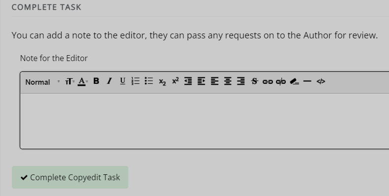 The 'Complete task' section with a textbox for the notes to the editor. There is a 'Complete copyedit task' button at the bottom.
