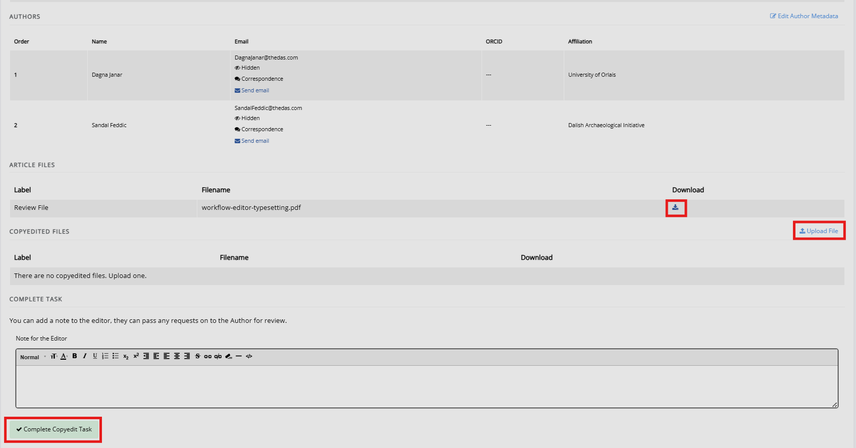The 'Article Copyediting' page. It displays information about the manuscript, the article files, completed files and a 'comments to the editor' textbox. The 'Download', 'Upload File' and 'Complete copyedit task' buttons are highlighted.