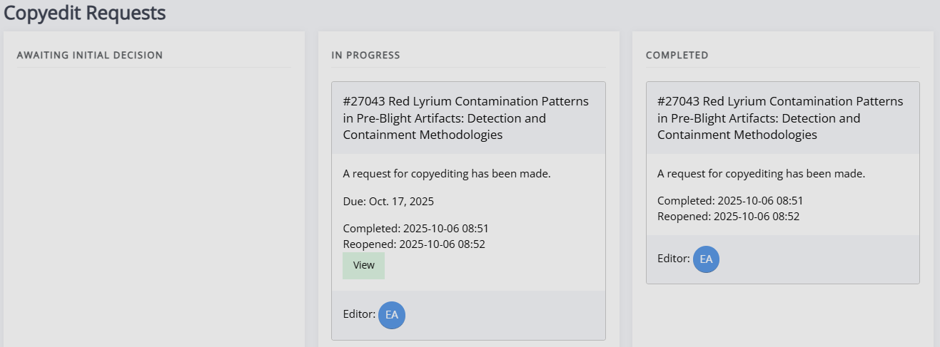 The three columns on the 'Copyedit Requests' page ('Awaiting initial decision', 'In progress' and 'Completed'. There is a task that has been reopened in the middle and the original completed task on the right.