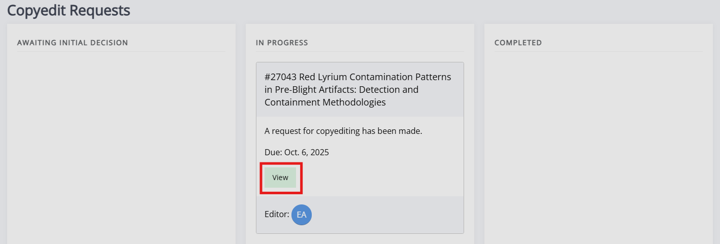 Copyeditor requests page. The three columns on the Copyedit Requests page (Awaiting initial decision, In progress and Completed. There is a task in the middle column that has been accepted.