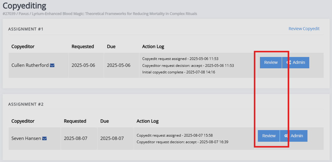 "The copyediting page, with two completed copyedits visible. The review buttons for both assignments are highlighted."