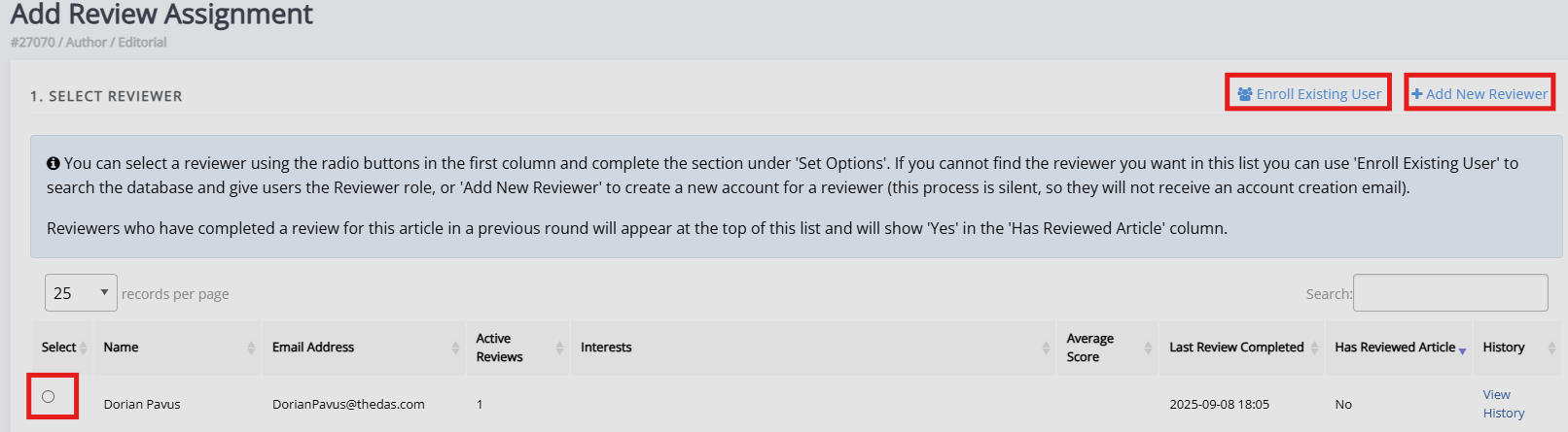 "The add review assignment page, focussed on the select reviewer block."
