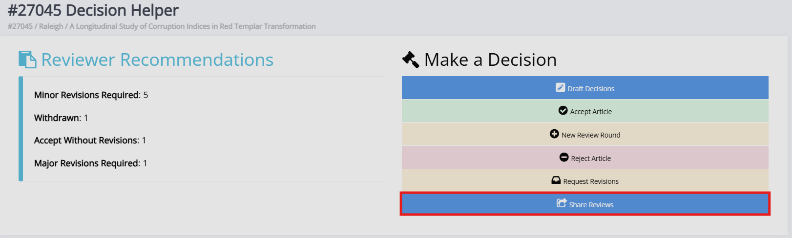 "The decision helper page with the option to share reviews highlighted."