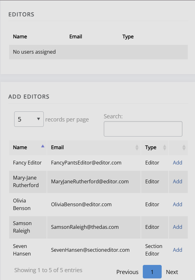 "The blocks for adding editors and displaying assigned editors."