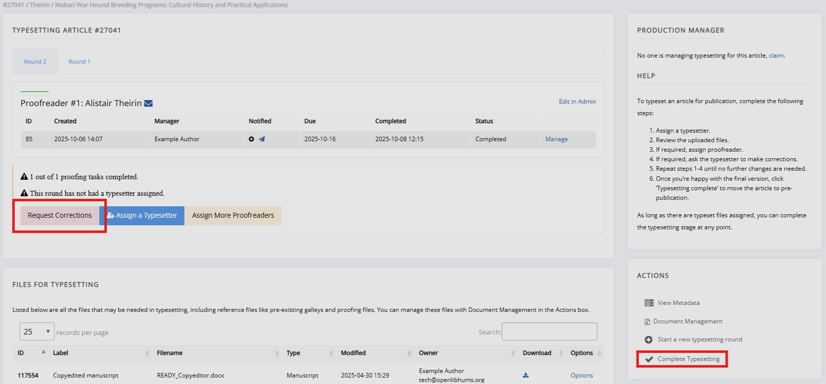 "The typesetting page, with the request corrections button highlighted."