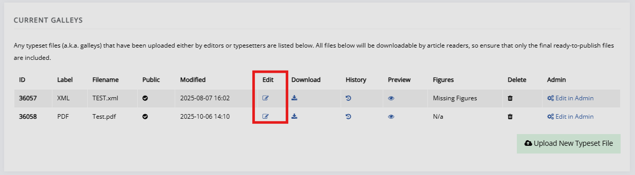 "The current galleys block, with the edit buttons highlighted."