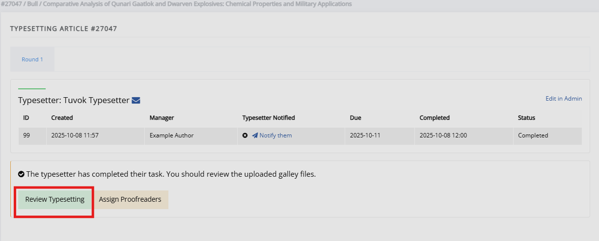 "The typesetting page with a complete typesetting assignment. The review typesetting button is highlighted."
