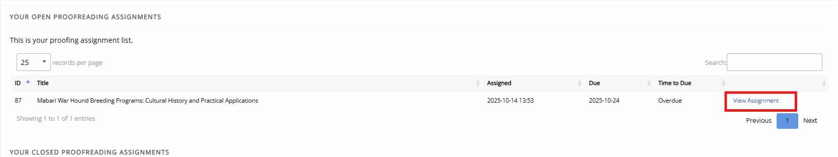A screenshot of the Proofreading assignments page, showing two blocks of Your proofreading assignments. The top one is open assignments and has a View assignment clickable text on the right. The bottom one is completed assignments and has a column for Completed with a date.