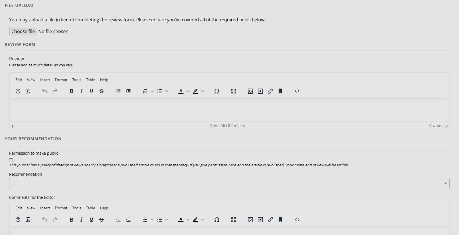 The 'Review Form' section. It shows the 'File Upload', 'Recommendation', and 'Comments for the Editor' blocks.