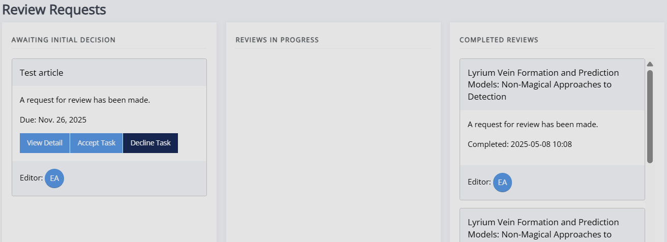 The two columns on the 'Review Requests' page ('Awaiting initial decision' and 'Reviews in progress'). There is a task in the left column that is awaiting a decision. The task block (or card) displays the title, due date and editor initials. It also contains three buttons: 'View Detail', 'Accept Task' and 'Decline Task'.)