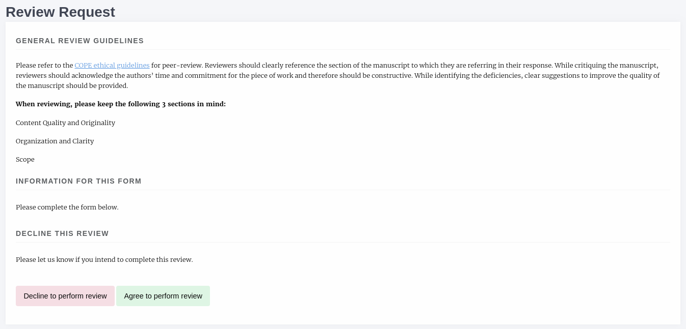 The 'Review Request' page, displaying the 'General Review Guidelines' section. The review guidelines, information for the form and accept/decline elements are visible.