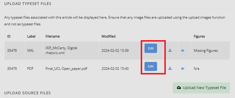 "The 'Upload typeset files' section, showing two uploaded files. It also displays the figure files' status: 'N/A' for a file with no figure files and 'Missing figures' for a file with missing figures."