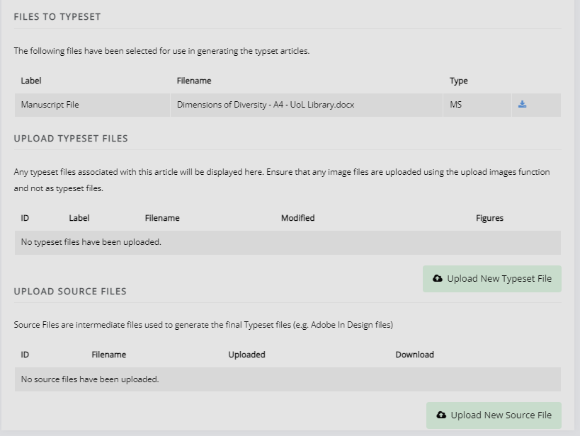"The files section of the typesetting page. It shows the 'Files to typeset', 'Upload typeset files' and 'Upload source file' options."