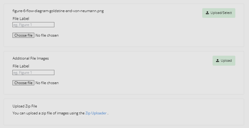 "A screenshot displaying the available options for adding image files: uploading a file in a section for a dedicated image (displaying its filename), uploading images as additional files or uploading a zip file."